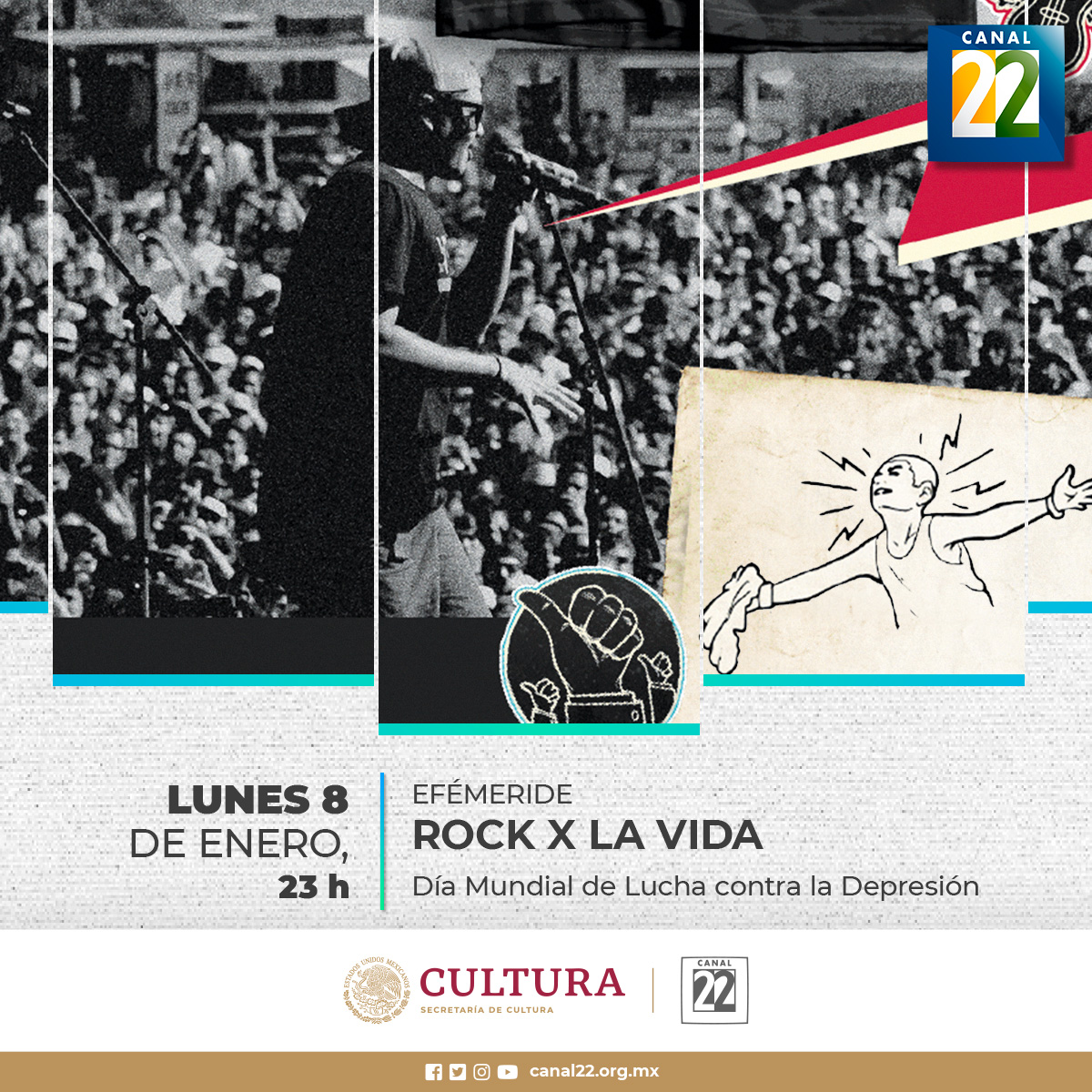 Canal22's tweet image. Disfruta de la programación del día de hoy📺: 

🎬@marquesina22
🕟19:00 h
🏳️‍⚧️#Transcultura
🕟21:30 h
🎭#EstoEsÓpera
🕟22:00 h
🎸#RockXLaVida
🕟23:00 h