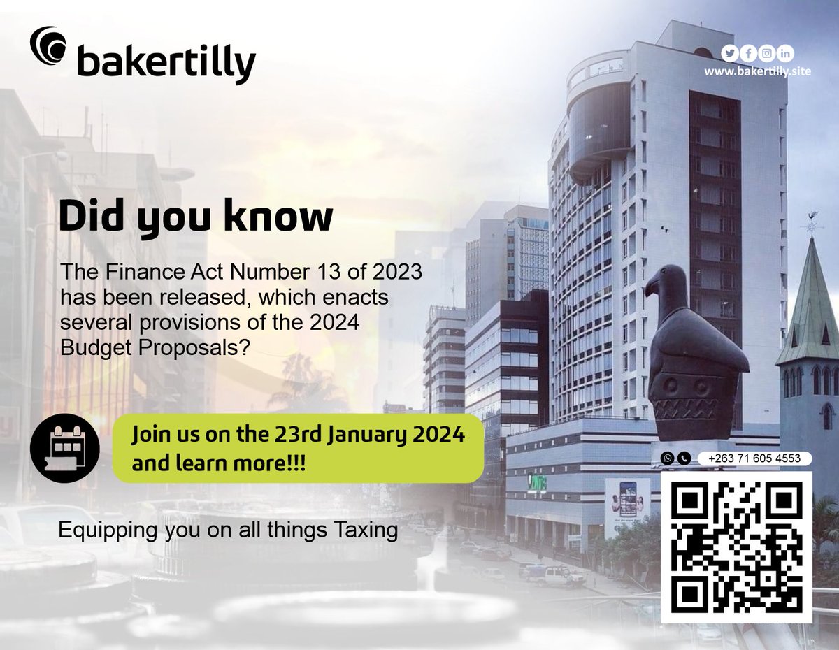 Have you Registered for the upcoming Tax Seminar???
You don't want to miss the opportunity to understand the NEW 2024 tax Updates introduced in December 2023.

Register Now @ wa.link/jicjdq or email your name to munya.makuyana@bakertilly.co.zw to reserve your seat.