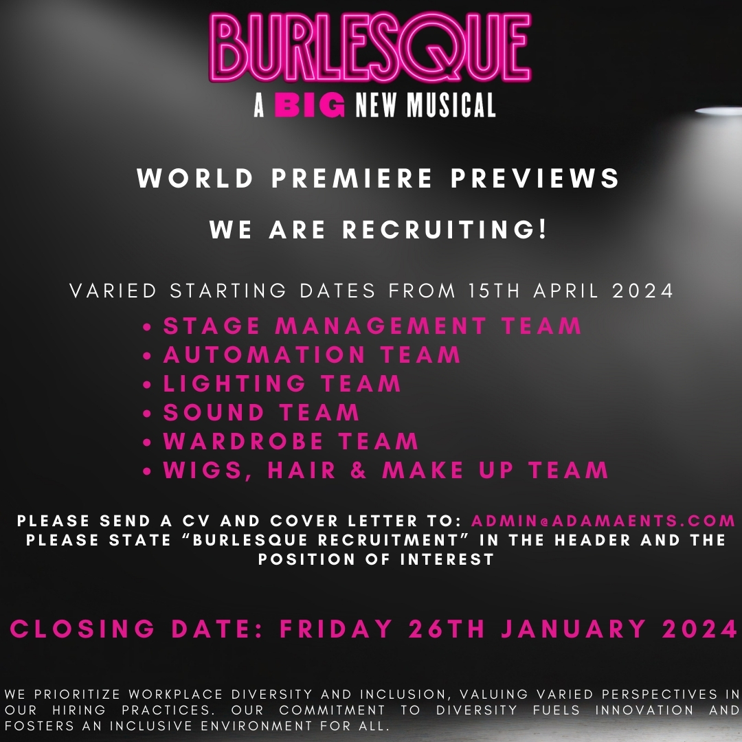🚨 Want to join the Burlesque Crew? 🚨

We're recruiting for an incredible crew that can bring our BIG new musical to life this summer.

#BurlesqueTheMusical #jobopportunity #artsjobs
