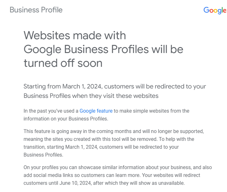 Google is shutting down Websites made with Google Business Profiles and not giving us an option to redirect it to our own domain.  The redirects go to your business profile only for a few months seroundtable.com/google-shuttin…