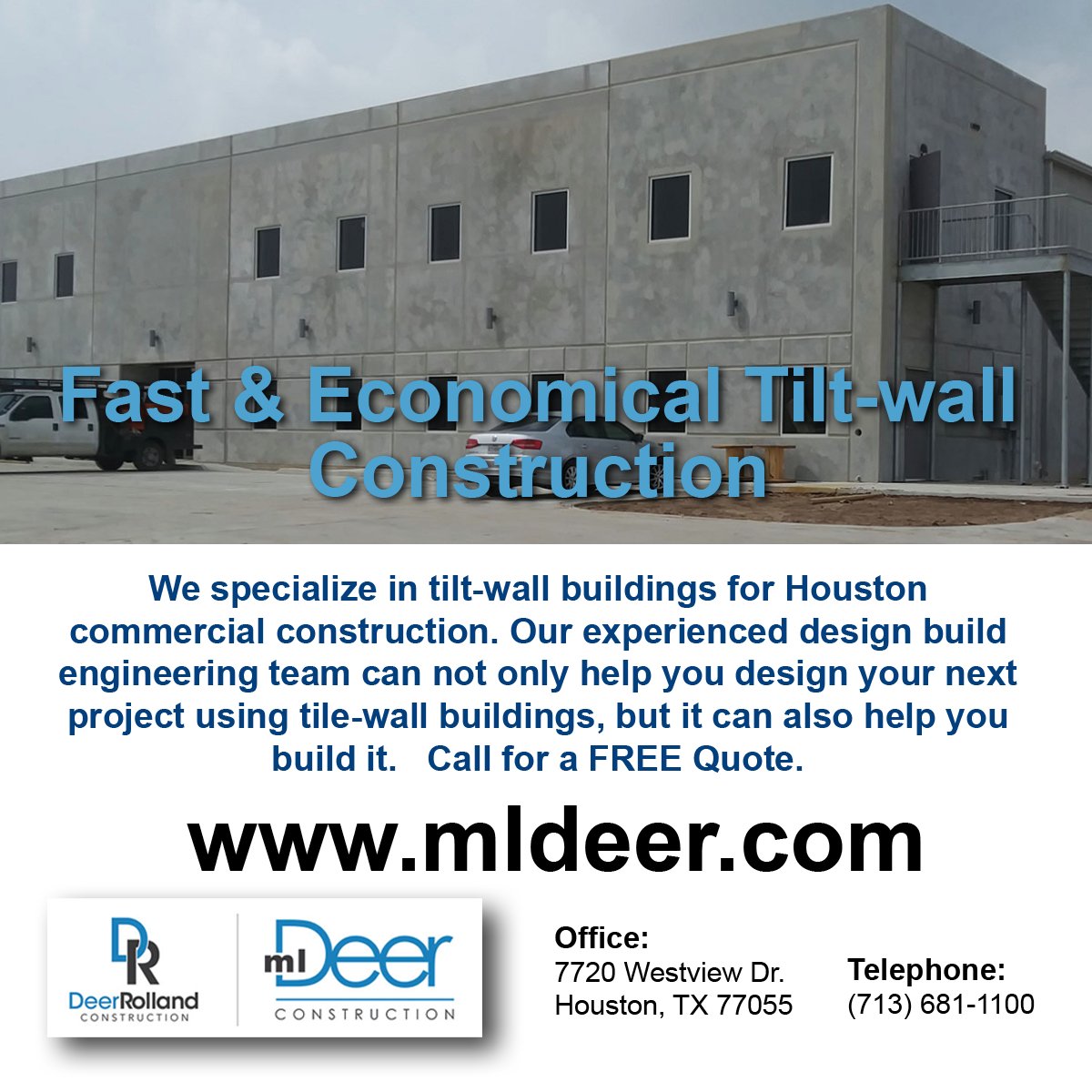 MLDeerTx's tweet photo. ML Deer can help you design &amp; construct a new tilt wall building so you can have the benefits of:
- Reduced Cost
- Quick Construction
- Durability
- Fire Resistant
- Expandability
Call us or visit https://t.co/jakKkGI9B1 to learn more. https://t.co/xVRb9DcdpI