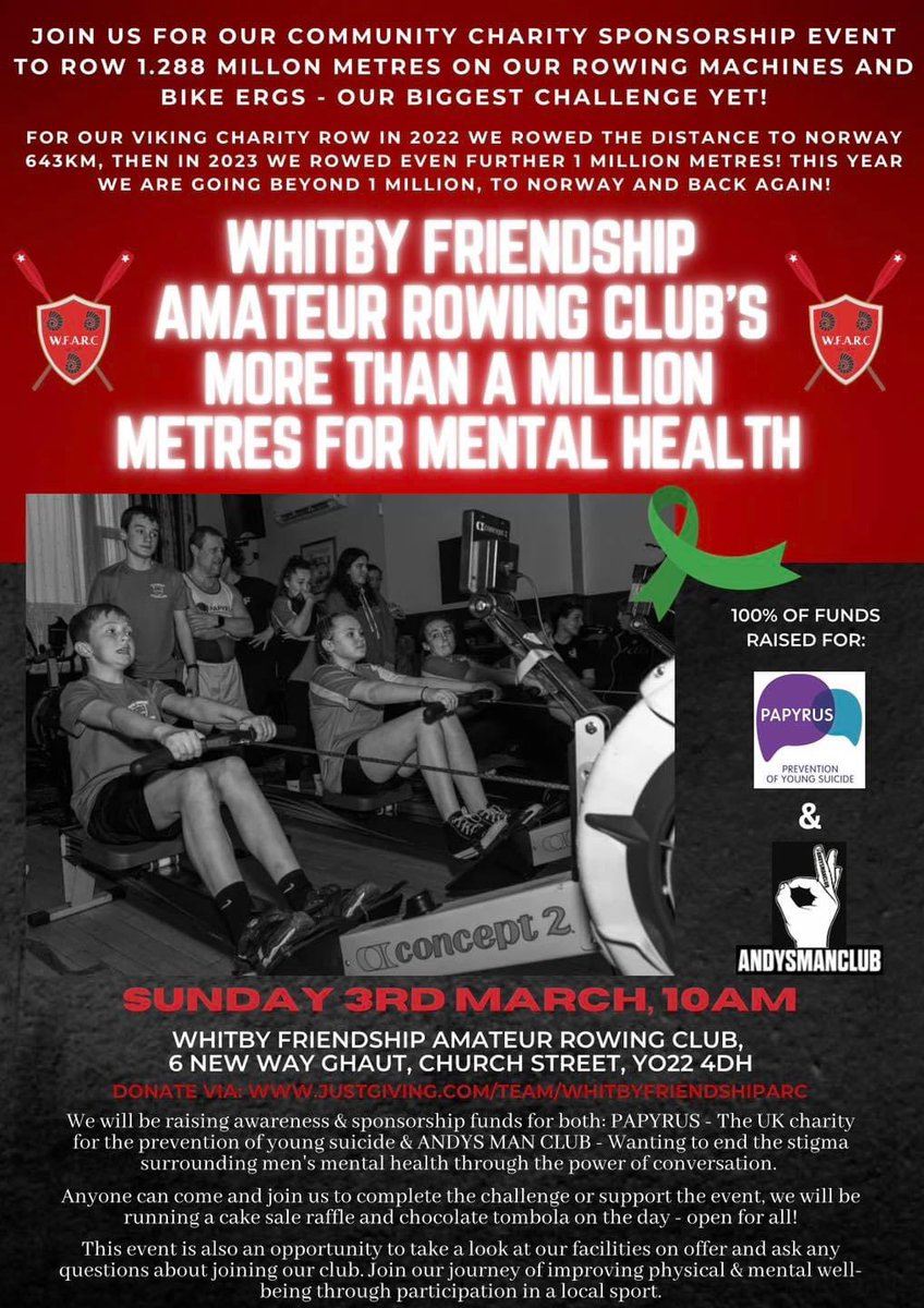 Another year, another Whitby Friendship Rowing Club Charity challenge.

We will be there supporting, donating and doing some metres. 

Why not come along and support or better still help us up the metres rowed for two great charities <a href="/PAPYRUS_Charity/">PAPYRUS</a> <a href="/andysmanclubuk/">#ANDYSMANCLUB</a>
