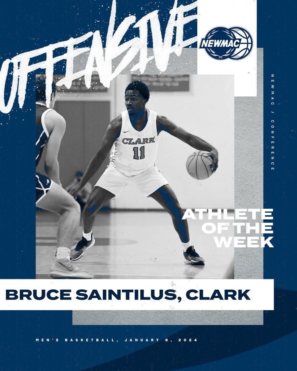 NEWMACsports's tweet photo. MEN'S BASKETBALL 🏀
OFFENSIVE ATHLETE OF THE WEEK 

@ClarkAthletics Bruce Saintilus averaged 20.5 points, 6.0 rebounds, 5.0 assists, and 2.0 steals per game as Clark recorded a pair of NEWMAC victories last week.

🔗 https://t.co/JX1hkd0Qrb

#GoNEWMAC // #WhyD3 https://t.co/0WhpWa2HIb