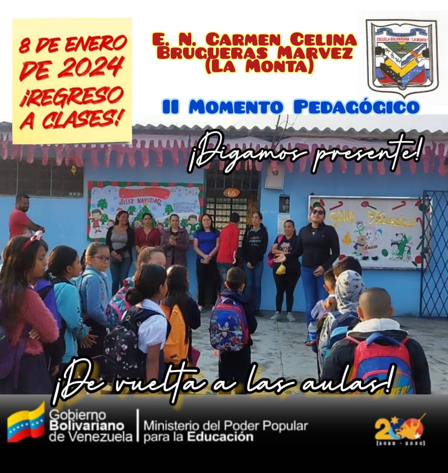 La directora Prof Yessica Ramirez conjuntamente con todo su personal da la Bienvenida al II Momento pedagógico <a href="/2018Cra/">CDCE Junín Táchira</a> <a href="/Crazet2011/">Crazet2011</a> <a href="/_LaAvanzadora/">Yelitze Santaella</a> <a href="/Berzabethg1/">Berzabethgandicaoficial</a> <a href="/CDCETachira/">CDCE Táchira</a> @MPPEDUCACION <a href="/NicolasMaduro/">Nicolás Maduro</a> <a href="/RosangelaOrozco/">Rosangela Orozco</a> <a href="/DGRPA1/">@DGRPA1</a> <a href="/cenamectachira1/">Crifpzetachira</a> <a href="/BolivarianasZET/">Erika Varela Sayago Escuelas Bolivarianas</a> <a href="/profeFormacion/">INVESTIGACIÓN Y FORMACIÓN</a>