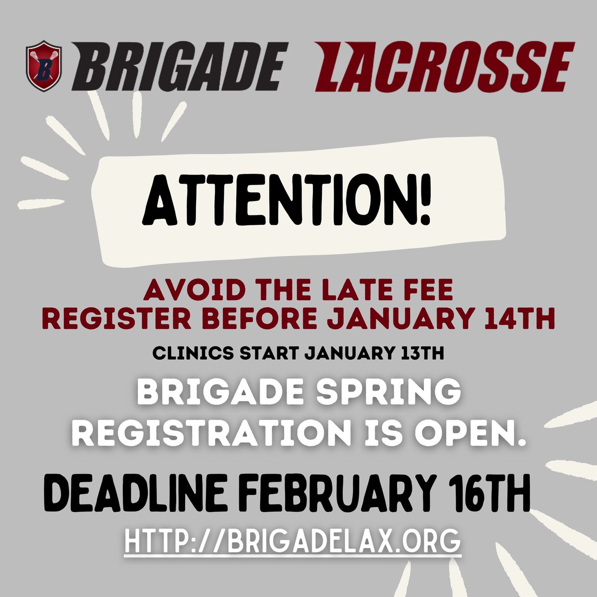 BrigadeLax's tweet photo. Spring Registration is OPEN! Avoid Late fees sign up before January 14th. 1st clinics January 13th!! #brigadelax https://t.co/LV4fTeSlnT