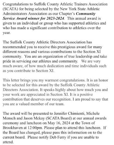 GO_NYSATA's tweet photo. This annual award is given to a group who has supported #athletics & made significant contributions to athletics in 2023/24🏆
Thank you @scata_atc 🙌
Learn About SCATA:
https://t.co/VHrFBhhC4B✅
#AT4ALL #HealthcareThroughAction #GetInTheGameNY #community🦸♀️ https://t.co/5YNwfa36r0