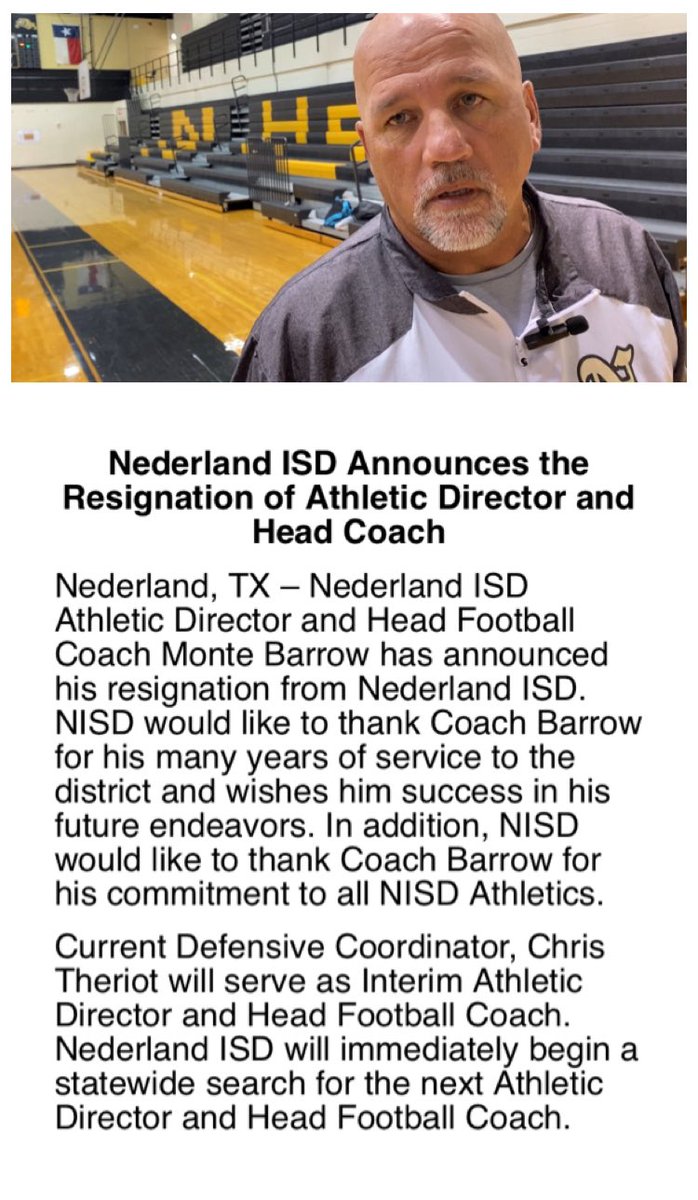 kfdmsports's tweet photo. .@Nederland_FB coach Monte Barrow is resigning. Coach Barrow spent over two decades as Bulldog coach including the last 7 as Head Coach. We wish coach Barrow all the best in the future. https://t.co/aUKx2V1XMI