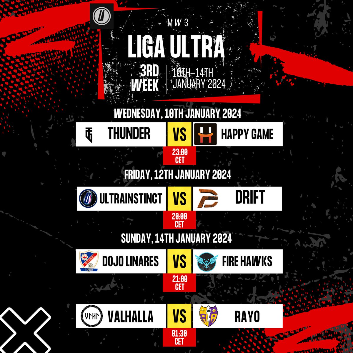 ⭐️LIGA ULTRA⭐️ JORNADA 3

<a href="/EsThundergaming/">Thunder Gaming</a> 🆚 @HappygameEsport 
⏰10/01/24    23:00

@UltraInstinct_8 🆚 <a href="/DriFtEsports_/">DriFt Esports</a> 
⏰12/01/24    20:00

@DojoLinares 🆚 <a href="/FireHawksClub/">Fire Hawks</a> 
⏰14/01/24    21:00

@EspValhalla 🆚 <a href="/RayoArriacense/">Rayo Arriacense</a> 
⏰14/01/24    01:30

#MW3  #FeelUltraInstinct