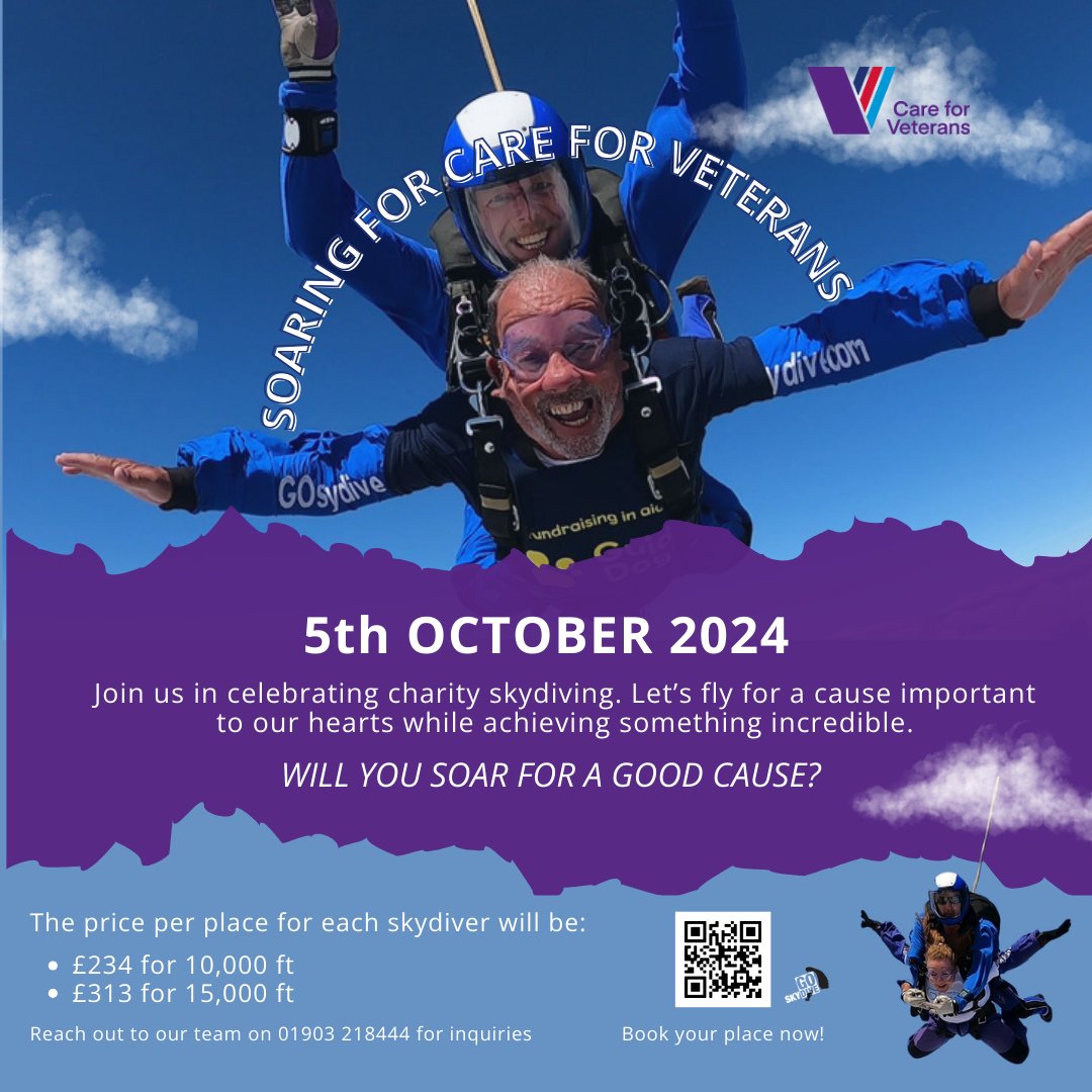 Join us for our Soar For A Cause event. The event will take place on the 5th October at GoSkydive, Old Sarum Park, Salisbury SP4 6EB. Sign up now and take the leap for charity: careforveterans.org.uk/events/soaring… #worthing #goskydive #charity #careforveterans