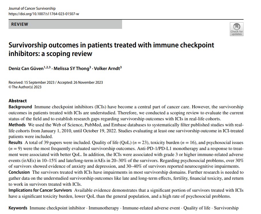 New paper✍️✍️✍️ The survivorship outcomes in patients treated with IO in real-life cohorts🧐🧐 -Better QoL with monotherapy and responders ➕ -Late and long-term irAEs in over 20% of the patients ❗️ -Significant rates of depression and neurocognitive impairments ⚠️…