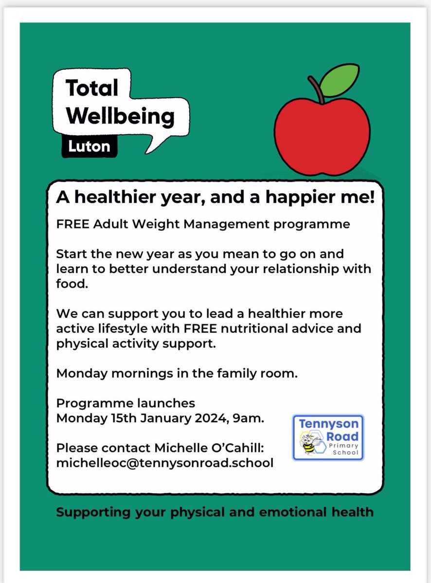 🚨Exciting news!!!! 🚨
Tennyson Road has teamed up with
Total Wellbeing Luton From Monday 15th Jan @ 9am @ South Site 
Want to feel a bit healthier?
Want to know more about nutrition?
Come along to this FREE event over the next 8 weeks. We look forward to seeing you all there! ❤️
