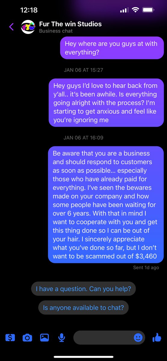 To anyone currently waiting for a fur the win studio fursuit, are they still active? Is something going on that I’m not aware about? 
(I commissioned a full plantigrade back in October 2020 and they haven’t started the bodysuit)