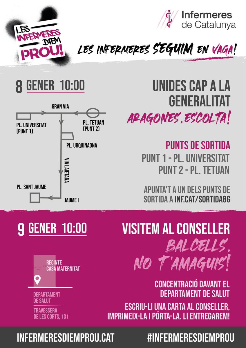Seguimos mañana 9 de enero a las 10:00. 

Nos vemos delante del Departament de Salut!

#infermeresdiemprou
#llevadoresdiemprou

<a href="/CatInfermeres/">Infermeres de Catalunya</a> 
<a href="/LlevadoresCat/">LlevadoresPelCanvi</a>