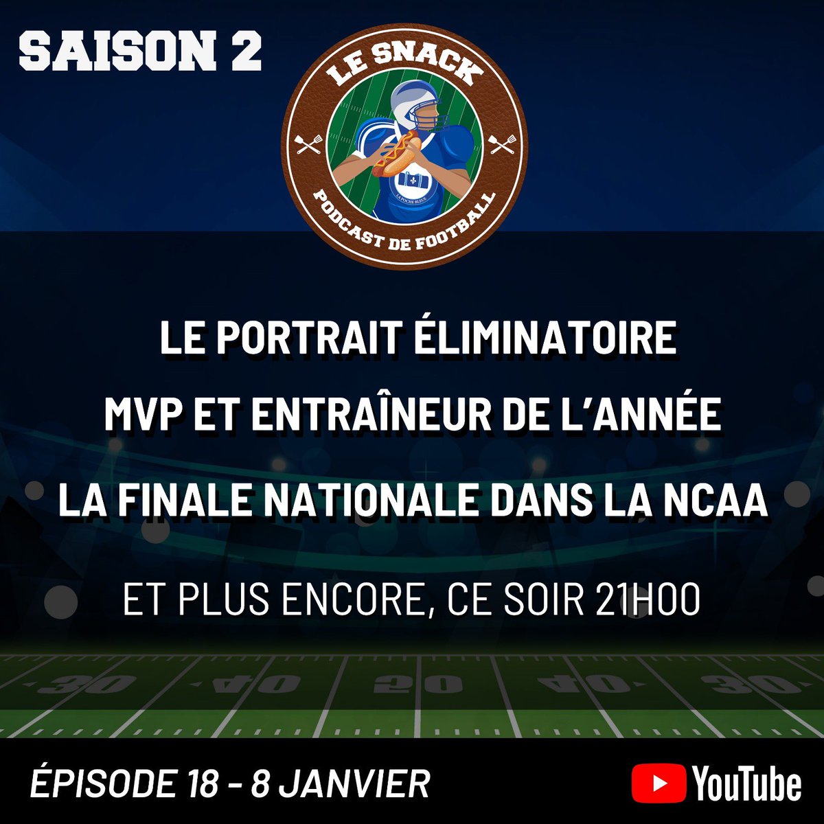 Le Snack est de retour en force ce soir avec un épisode bien chargé surtout avec le portrait des éliminatoires! Bonne année! 🏈

Rendez-vous ce soir dès 21h sur la chaîne YouTube de <a href="/lapochebleue/">La Poche Bleue</a> et les différentes plateformes. 👋
#NFL #LeSnack <a href="/CASinotteTVAS/">CA Sinotte</a> <a href="/martin_juneau/">Martin 'Juju' Juneau</a>