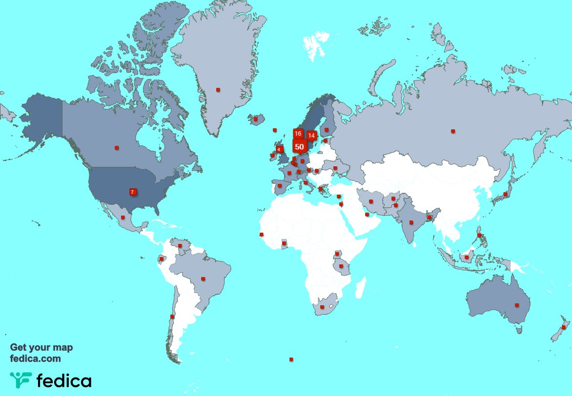 My followers are in Denmark(51%), Norway(16%)
Get your map
fedica.com/!Kulturparaply…
