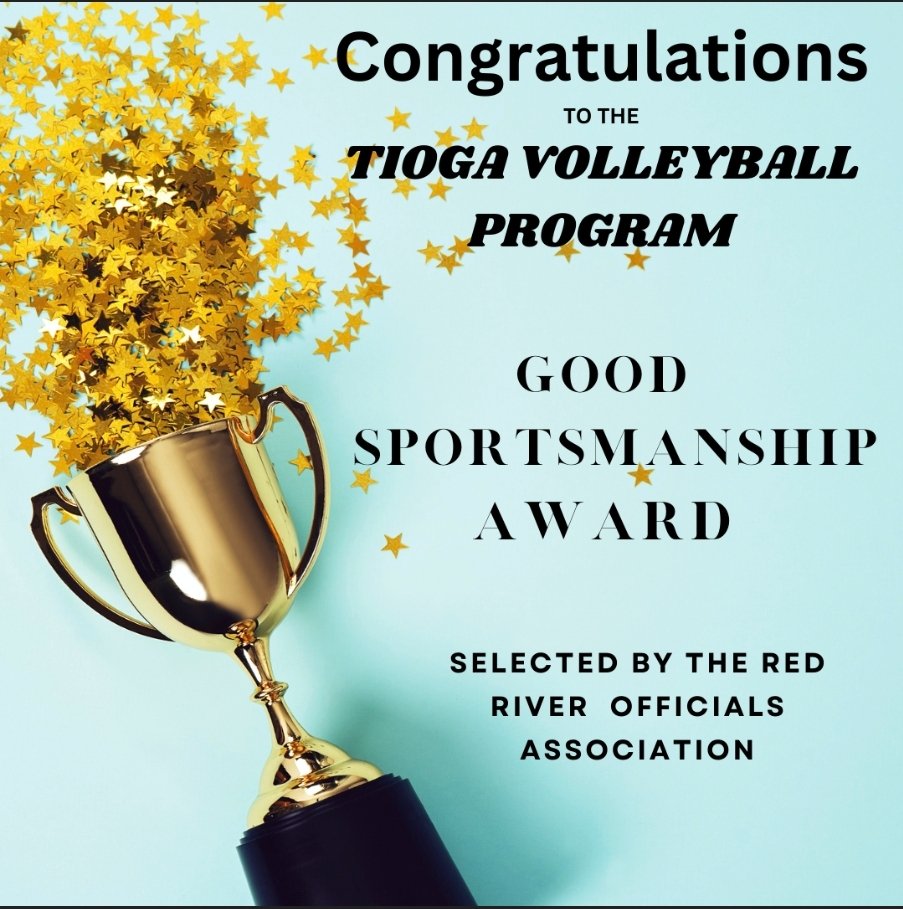 Congrats to the Tioga Volleyball Program.  Red River Officials Assoc. selected our program to rec'v a scholarship for its Good Sportsmanship. Proud of our teams &amp; everyone involved in representing Tioga! @ClubTioga <a href="/CoachZBirdwell/">Zach Birdwell</a> <a href="/CoachOsbourn/">andrea osbourn</a> <a href="/JasonDellaRosa/">Jason Della Rosa</a>  @KXIITV
