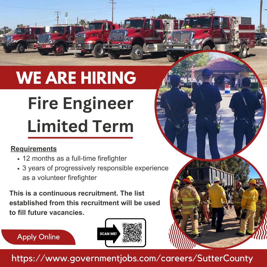 We are hiring Fire Engineers! Come and join us in Sutter County!

Apply today at: lnkd.in/g5RYqjCQ

#fireopportunities #firejobs #jobshiring #nowhiring #hiringalert #hiring #fireengineer #suttercounty #careers #careeropportunity #applynow #ApplyToday #CareersStartHere