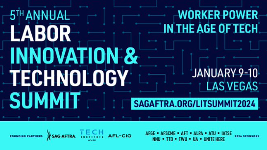 IATSE's tweet photo. We'll be at #CES2024 this week to make sure workers' voices are heard on innovation &amp; technology! Tune in tomorrow @ 1pm ET for the Labor Innovation &amp; Technology Summit as we discuss how workers will shape this future! Live stream: https://t.co/37mEaZxEDQ https://t.co/0RrmF9cBBq
