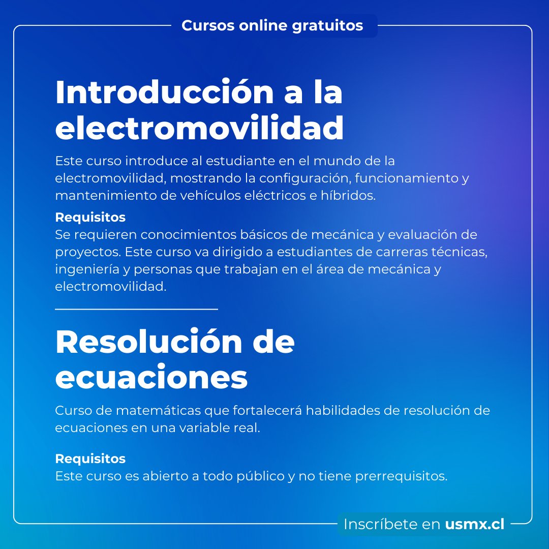 Inscríbete en USMx, la plataforma gratuita de cursos online de la USM 💻 Regístrate y conoce más en 🌐 usmx.cl #USM #cursosgratuitos #cursosonline #economiacircular #riesgotecnológico #electromovilidad #educación #mooc