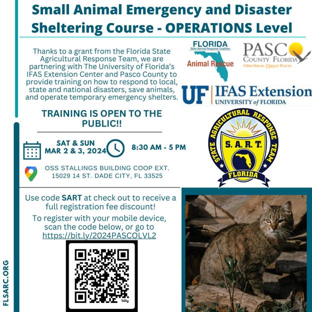 flsarc's tweet image. Want to learn more about working in a pet friendly shelter environment and support disaster response? @fdacs and @flsart continue to support community training by allowing us to bring you our FREE Level 2 OPS course! Click links or QR code below for info and registration!