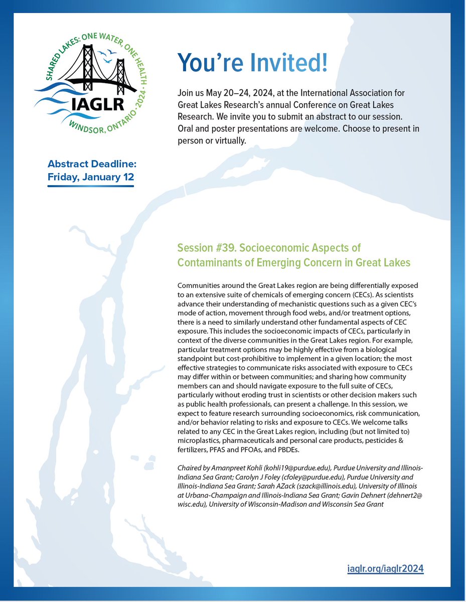 Dr. Amanpreet Kohli (she/her) (@eco_aman) on Twitter photo Working on socioeconomic impacts of #PFAS or other #ContaminantsOfEmergingConcern in #GreatLakes? <a href="/SarahAZack/">Sarah Zack</a>, <a href="/DehnertGavin/">Gavin Dehnert</a>, and I would love to hear about your work <a href="/IAGLR/">IAGLR</a>. Submit an abstract for our session by Jan 12th! #IAGLR24 #PFAS #microplastics #GreatLakesSci #OneHealth Working on socioeconomic impacts of #PFAS or other #ContaminantsOfEmergingConcern in #GreatLakes? <a href="/SarahAZack/">Sarah Zack</a>, <a href="/DehnertGavin/">Gavin Dehnert</a>, and I would love to hear about your work <a href="/IAGLR/">IAGLR</a>. Submit an abstract for our session by Jan 12th! #IAGLR24 #PFAS #microplastics #GreatLakesSci #OneHealth