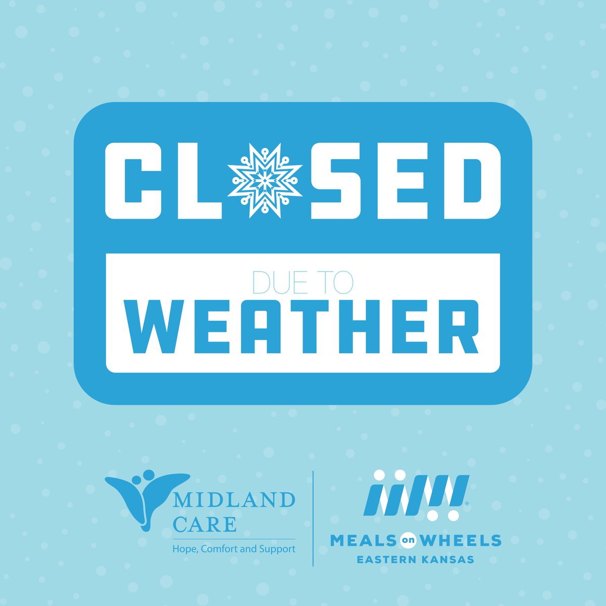 TopekaMOW's tweet image. Due to inclement weather conditions, Meals on Wheels will be closed on Tuesday, January 9. Normal service resumes on Wednesday, January 10. Thank you for your understanding. Stay safe and warm! #WeatherClosure #MealsOnWheels