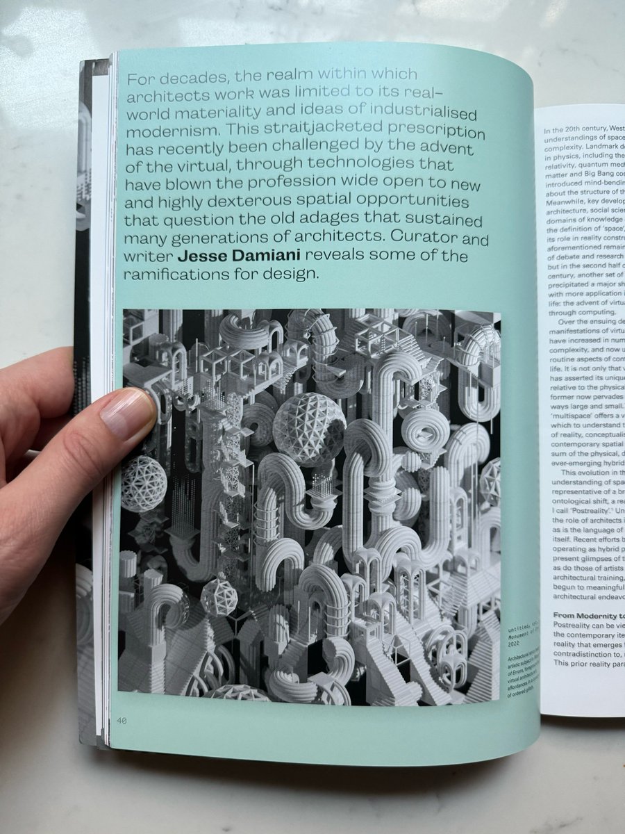 untitledxyz_'s tweet photo. It's an incredible honor to have my work featured in Architectural Design's "Multispace: Architecture at the Dawn of the Metaverse." Special thank you to editor @owen_hopkins and @JesseDamiani for spotlighting my piece "Monument of Errors" alongside @MuseumofCrypto ROOMs.

"This is not merely a speculative or liquid architecture, nor is it an imbuing of functional space with a provocative narrative thesis, but rather an atomising of the elements of architecture as material, subverting their use value (ie colonnade as structural support versus purely aesthetic entity), and reassembling them into a logic predicated on the infinitude and manipulable physics of the virtual."

"... Holders of a ROOM NFT are entitled to independently install artworks and experiences per their preference, thus co-creating the public function of a given space. Physical distances collapse - anyone with a working computer can visit these ROOMs." 

- excerpts from @JesseDamiani's essay 'Architecture in Postreality : Emerging Approaches to Space in Hybrid Realities'