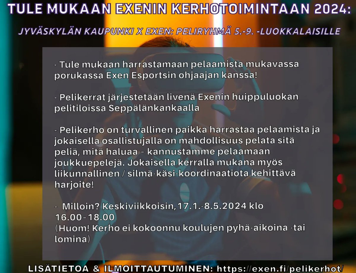 ExenEsports's tweet photo. Hei nuori -tai nuoren vanhempi, kiinnostaako pelaaminen? 

Haluaisitko tavata samanhenkisiä ystäviä ja saada itsellesi vaikkapa peliporukan? 

Nyt olisi aivan mahtava tilaisuus päästä mukaan Exenin kerhotoimintaan &amp; pelaamaan Exenin pelitiloissa! 💜 https://t.co/vbMXvdzm2R