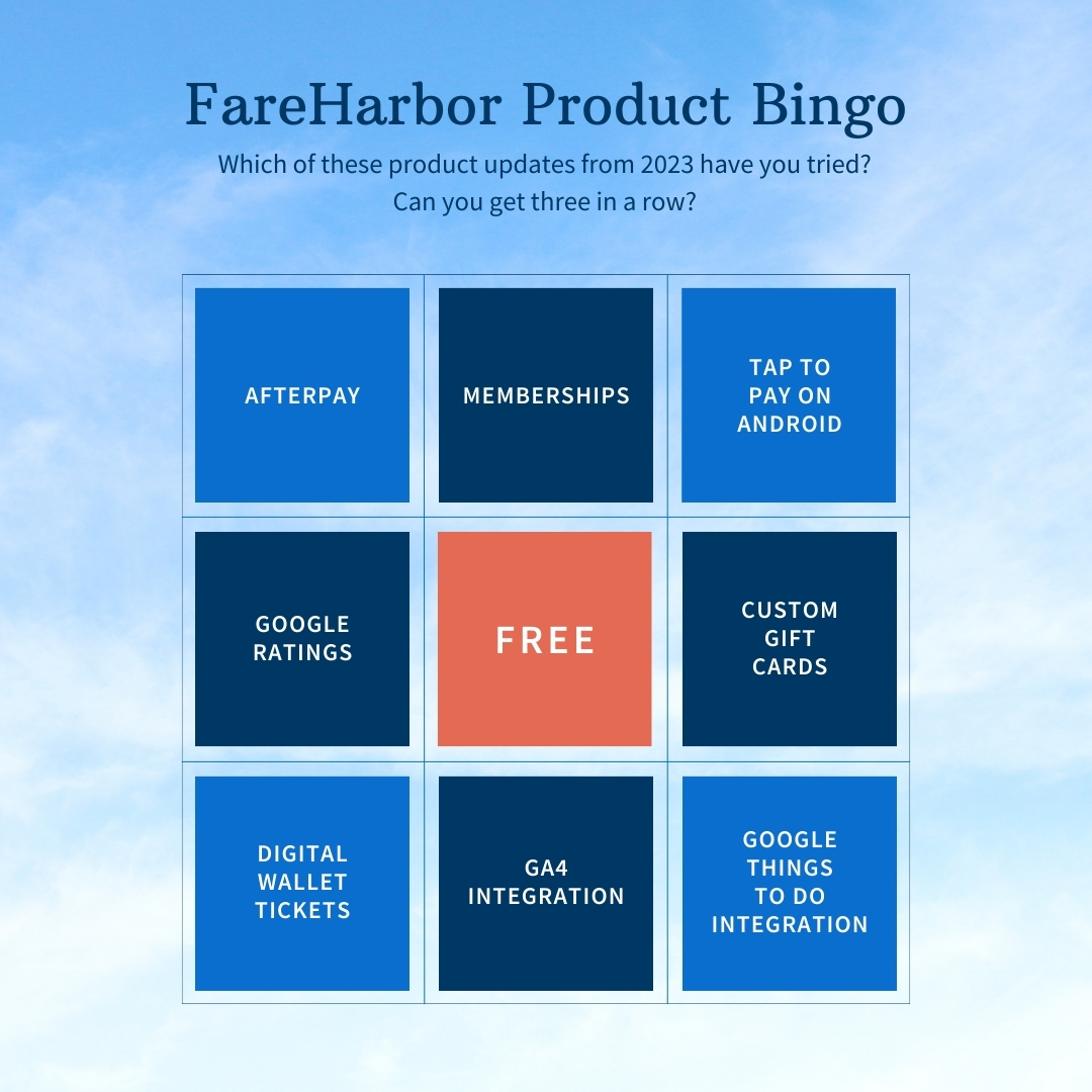 FareHarbor's tweet image. Memberships, Google ratings, digital wallet tickets, and more! Which 2023 FareHarbor product features can you cross off your Bingo card? Blog link in comments.

#fhblog #memberships #googleratings #digitalwallettickets #newfeatures #fhproduct #updates