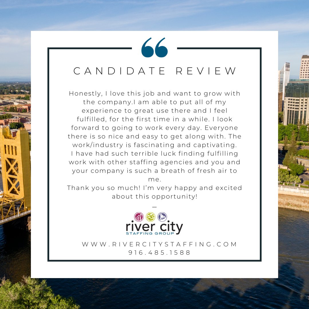Thrilled to share this glowing review: 'I love my job & feel fulfilled for the first time in a while. The work is fascinating, everyone is so nice. River City Staffing is a breath of fresh air.' Ready for fulfillment? Visit our site today! 🎉 #HappyCandidate #CareerGrowth