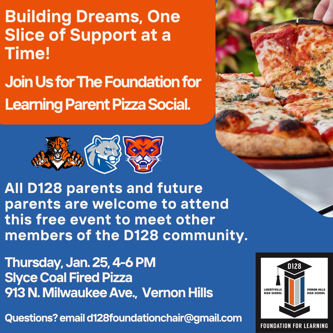 8th Grade Orientations are coming up this week (LHS) &amp; next (VHHS)! We welcome all future &amp; current D128 parents to join us for a parent social to meet other members of the D128 community, have some pizza, and enter to win some school swag! FREE event! No registration needed.