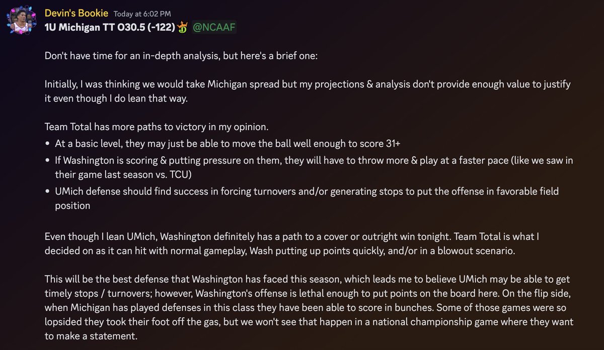 CFB National Championship

1U Michigan Team Total O30.5 -122

Brief analysis below⤵️ let me know if you’re tailing! If this hits, I will be giving away $50 to 2 people who Like &amp; RT.