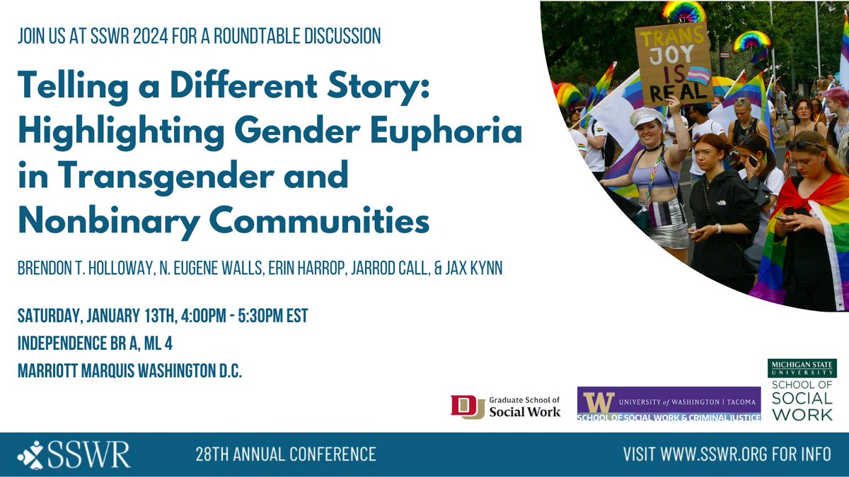 Come join our roundtable on gender euphoria and trans joy @SSWRorg on Saturday! Our roundtable will be discussion-based with multiple activities and tangible ways to implement joy into social work research, education, and practice. #SSWR2024 @GSSWDenver @uwtacoma @MSUSocialWork