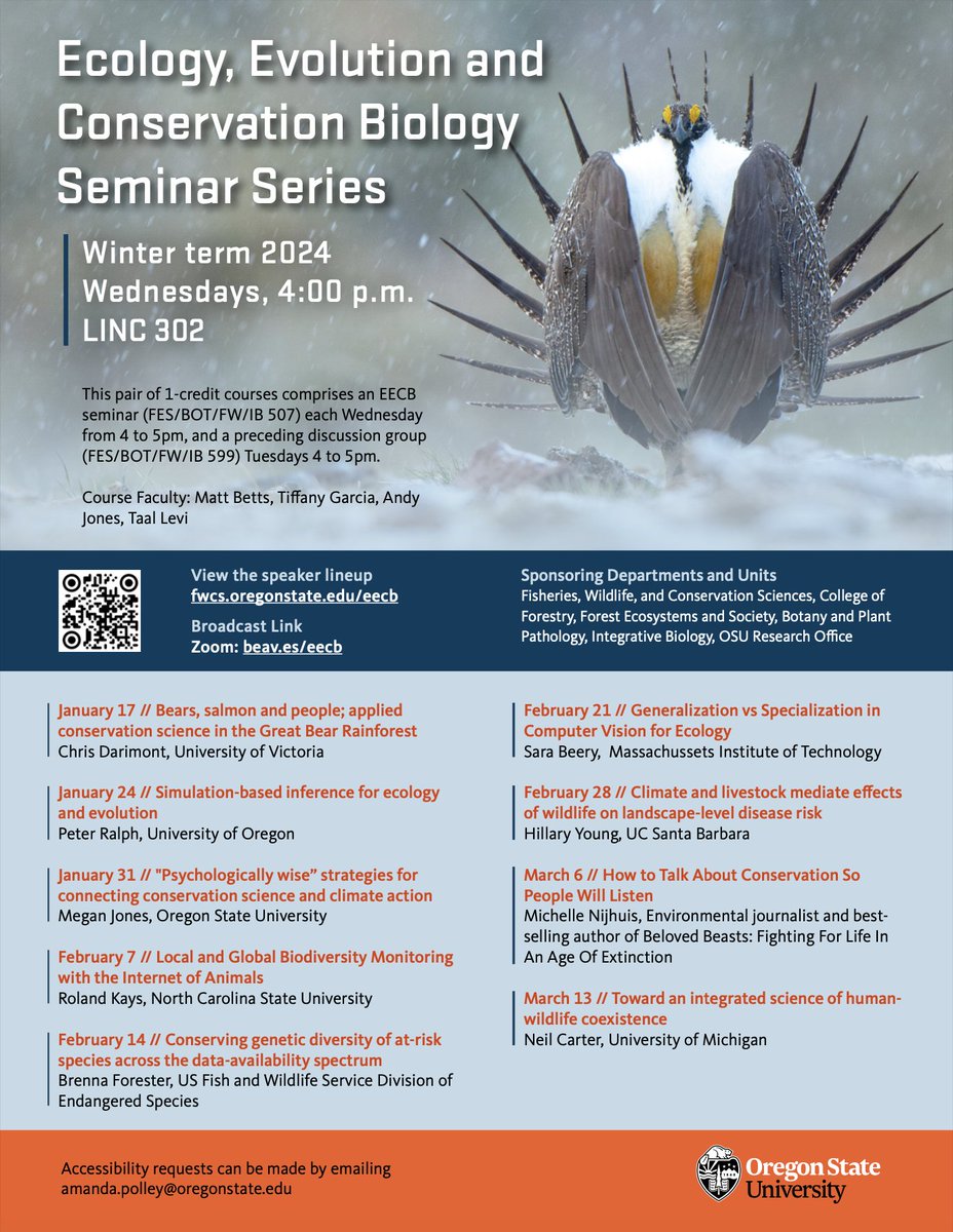 Our Ecology, Evolution, and Conservation Biology Seminar is free and open to the public. We'll start with @ChrisDarimont next Wednesday 4pm PST. Chris will present "Bears, salmon, and people: Applied conservation science in the Great Bear Rainforest"
Zoom: beav.es/eecb