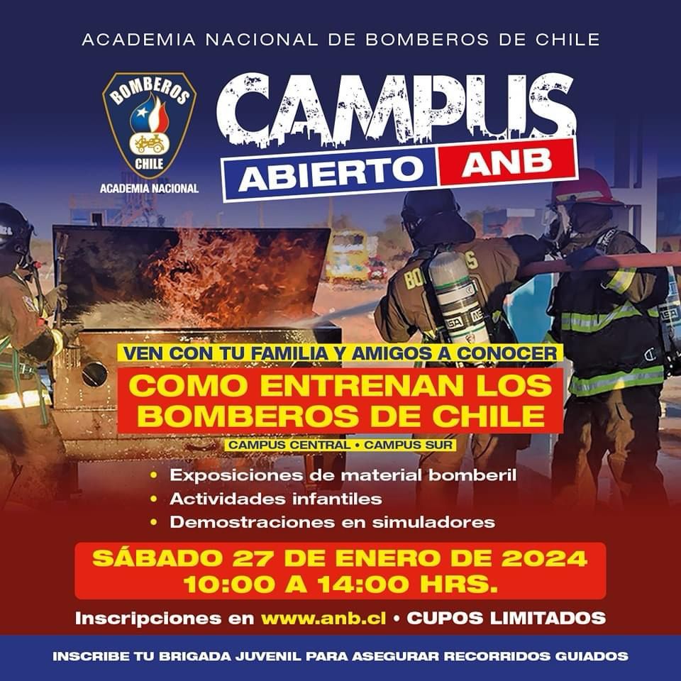 BomberosdeChile's tweet photo. 𝗔𝗡𝗕 | Este sábado 27 te esperamos en la segunda versión de los Campus Abiertos ANB, de 10 a 14 horas.
Inscríbete y ven a conocer con tu familia y amigos cómo entrenan los Bomberos en el Campus Central y Sur
https://t.co/9092T1zF0y
#saberparaservir
#campusabiertos https://t.co/tZEpVzqMiH