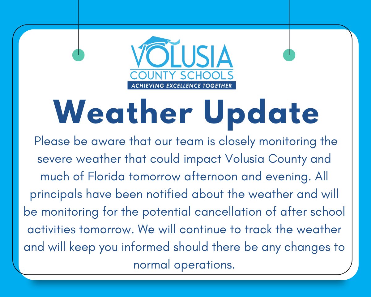 Volusia County Schools (@volusiaschools) on Twitter photo Please be aware that our team is closely monitoring the severe weather that could impact Volusia County and much of Florida tomorrow afternoon and evening. All principals have been notified about the weather and will be monitoring for the potential cancellation of after school Please be aware that our team is closely monitoring the severe weather that could impact Volusia County and much of Florida tomorrow afternoon and evening. All principals have been notified about the weather and will be monitoring for the potential cancellation of after school