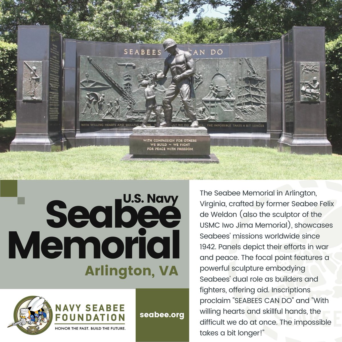 seabeehf's tweet photo. 🌟 Exciting news! Join our #HeritageMonday as we spotlight Navy Seabee achievements! 🛠️ First stop: Seabee Memorial near Arlington National Cemetery. Share your Seabee treasures; we might feature them! 📸 #SeabeeHeritage #CanDoSpirit #MilitaryHistory #Seabees https://t.co/COCPKRKHPk
