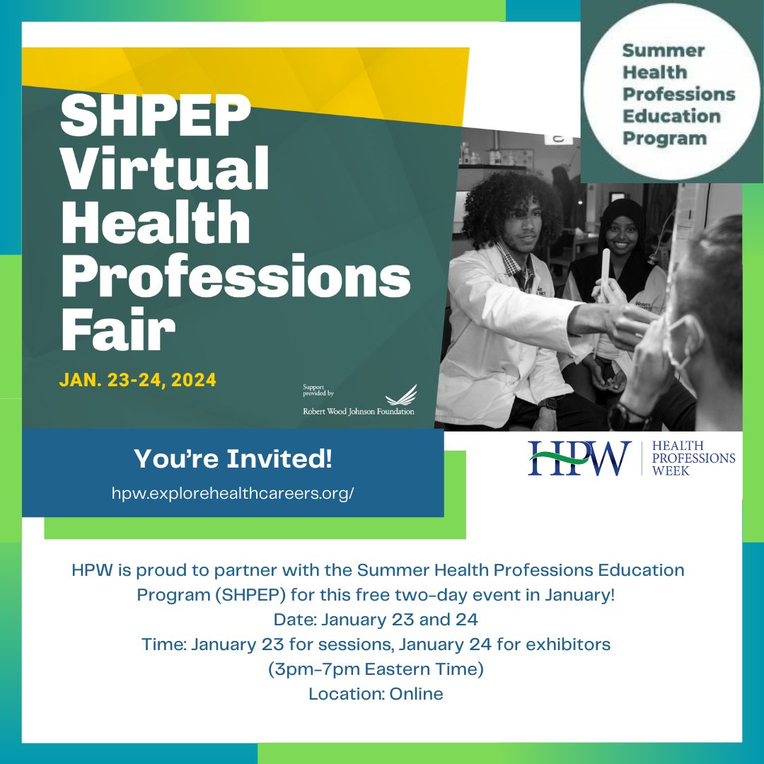 HPW is proud to partner with the Summer Health Professions Education Program (SHPEP) for this free two-day event in January!
January 23 for sessions, January 24 for exhibitors (3pm-7pm Eastern Time).  Register here:
shpep.vfairs.com/en/registratio…
