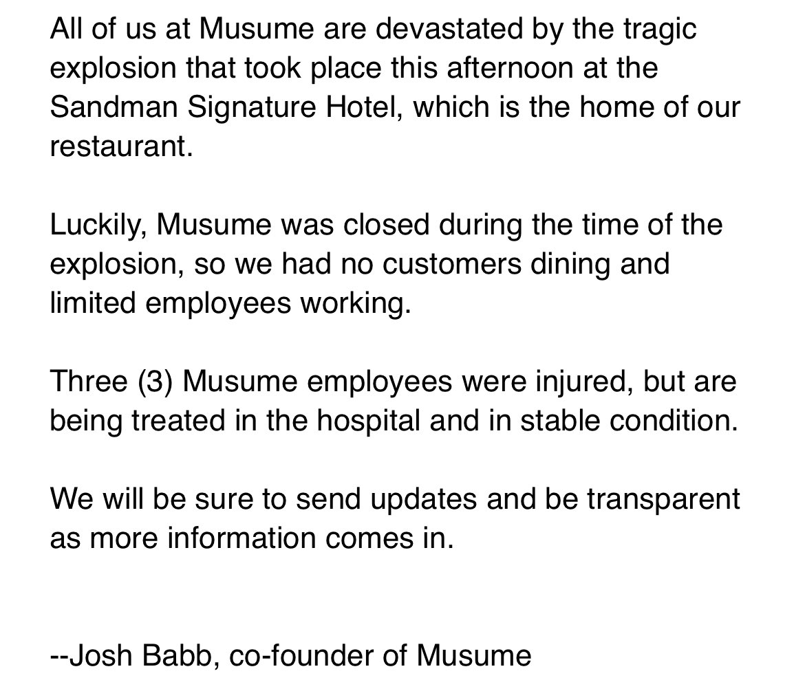 JUST IN: three of the people hospitalized from the Fort Worth explosion downtown are employees of the restaurant Musume, which is located in the Sandman Hotel. 

Luckily, no customers were there. 

FWFD pointed out this mat potentially be where the explosion originated.