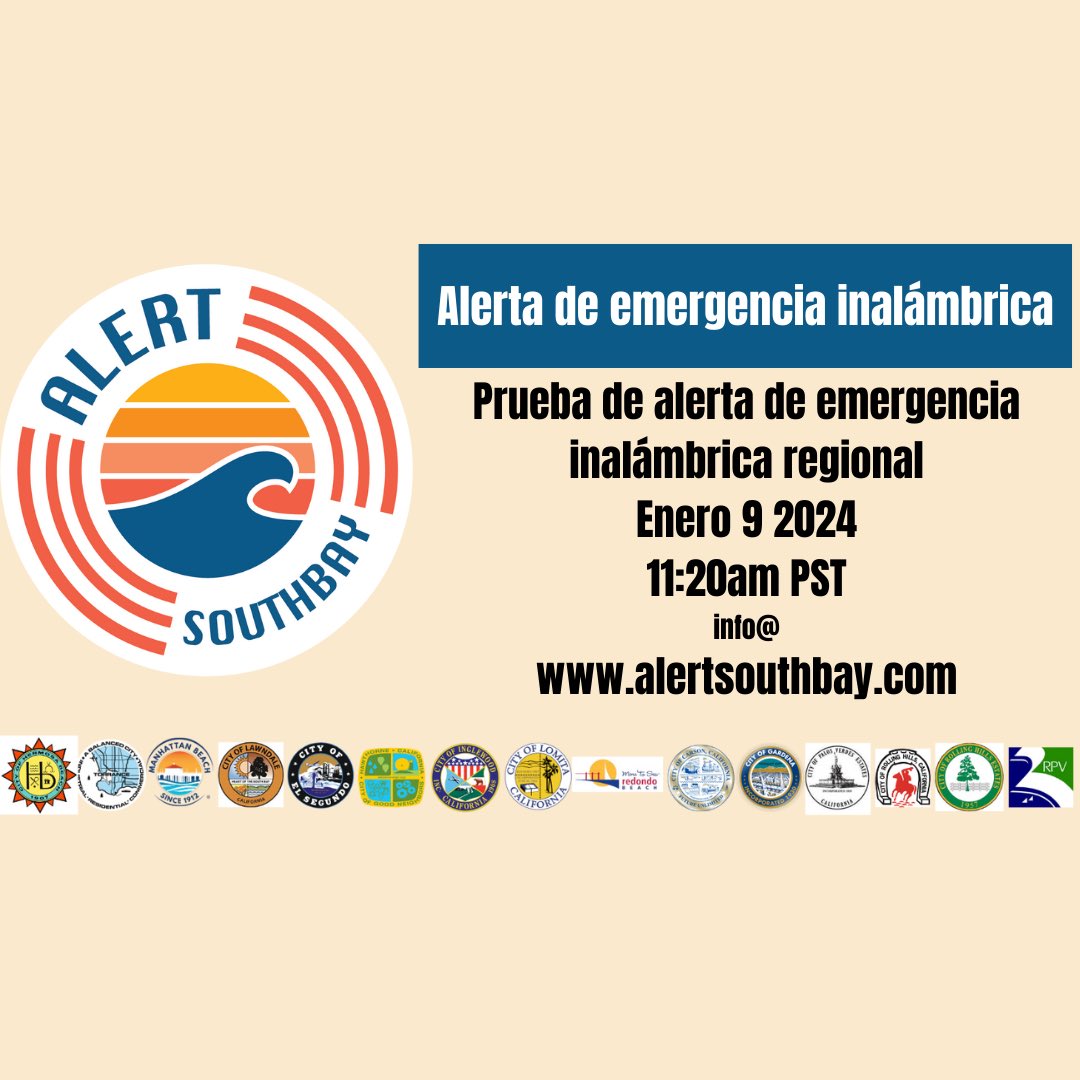 AlertSouthbay's tweet image. REMINDER: We will be conducting a TEST of the #WirelessEmergencyAlert System tomorrow, Jan. 9, 2024 @ 11:20am. This is just a TEST. NO ACTION IS REQUIRED. For information on this TEST, please visit alertsouthbay.com/public-alert-a… #WEA