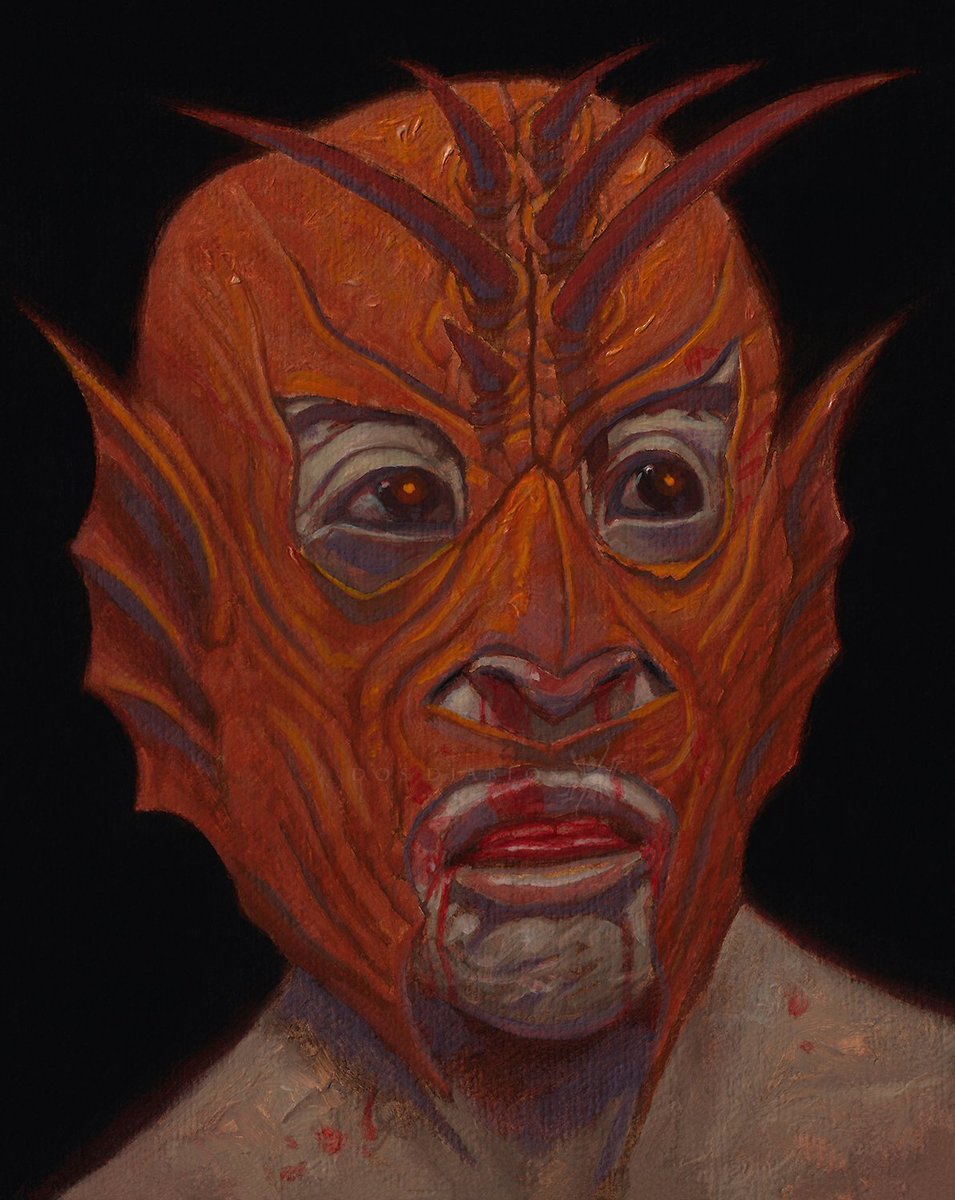 'Wrestler with Mask of a Orange Demon' Oil painting on copper  6' x 8'