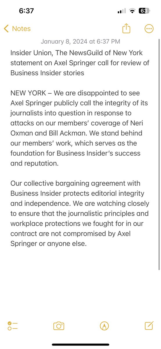 NEW: @InsiderUnion and @nyguild respond to Axel Springer’s investigation into Business Insider’s Neri Oxman stories: “We are disappointed to see Axel Springer publicly call the integrity of its journalists into question in response to attacks on our members’ coverage of Neri