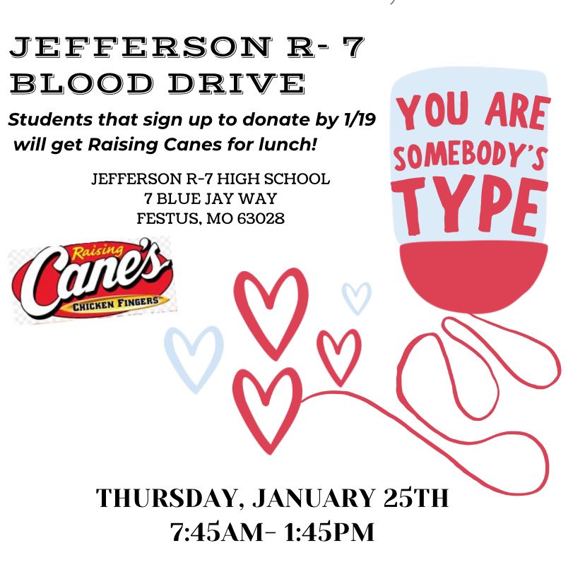 Jefferson High School NHS (@jeffersonr7nhs) on Twitter photo 🩸 Its that time again!! Use the links below to sign up for R7’s Blood Drive 1/25 
Students Sign Up here: docs.google.com/forms/d/e/1FAI…
Community Members/Staff Sign Up here: redcrossblood.org/give.html/driv… 🩸 Its that time again!! Use the links below to sign up for R7’s Blood Drive 1/25 
Students Sign Up here: docs.google.com/forms/d/e/1FAI…
Community Members/Staff Sign Up here: redcrossblood.org/give.html/driv…