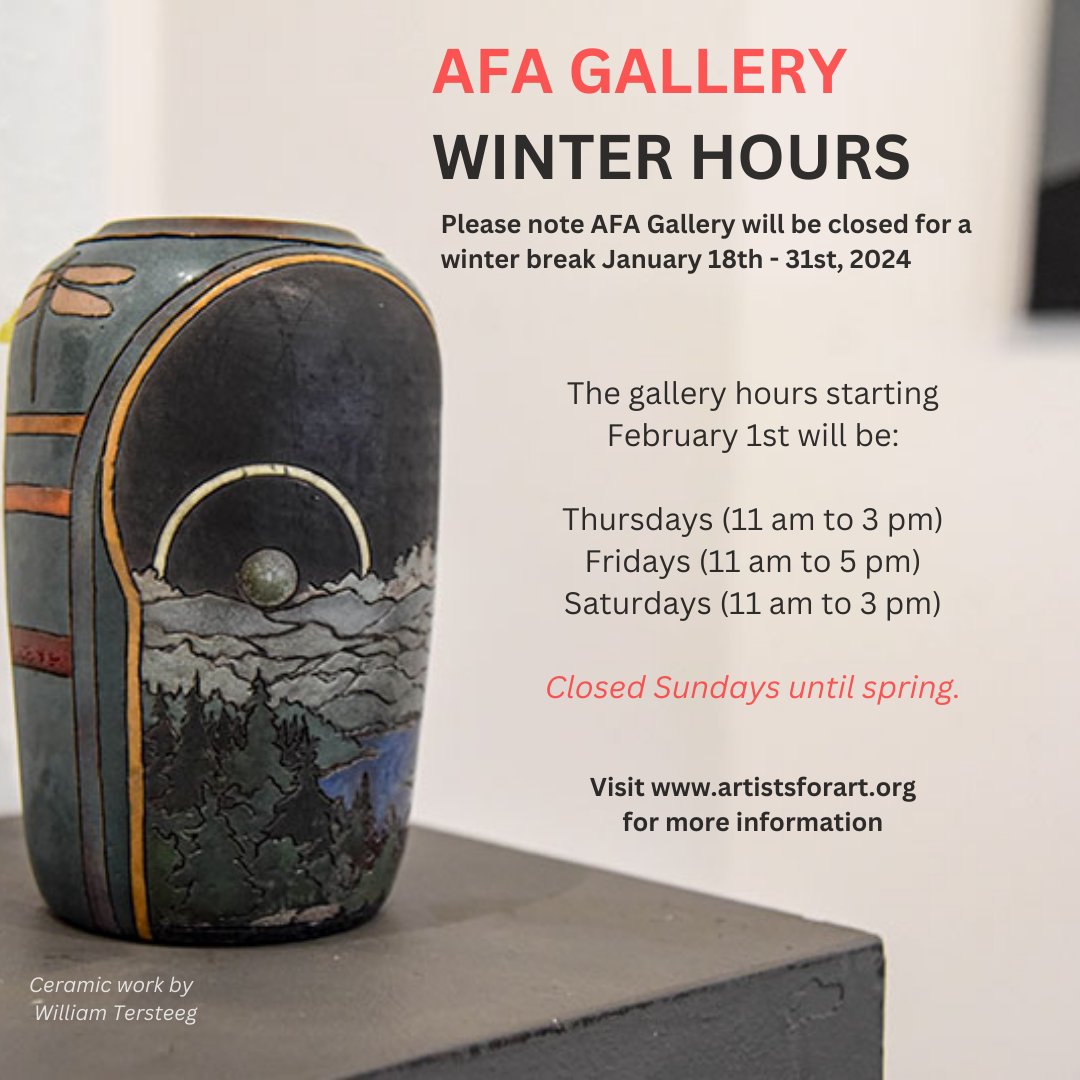 WINTER 2024 HOURS AT AFA GALLERY:
Thur (11-3)
Fri (11-5)
Sat (11-3)
Closed Sundays until spring.

#Scrantonpa #scranton #afagallery #afa #afagalleryscranton #artgallery