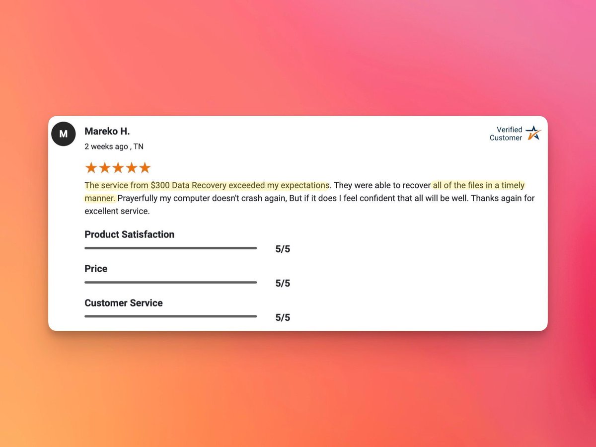 🌟 Mareko's review is in: 'Exceeded expectations' at #300DataRecovery! 🙌 All files back & the peace of mind to match. Hoping for uptime, but ready for rescue time! 💻🚀 #DataSuccess #TechPeaceOfMind  buff.ly/47n0mXf