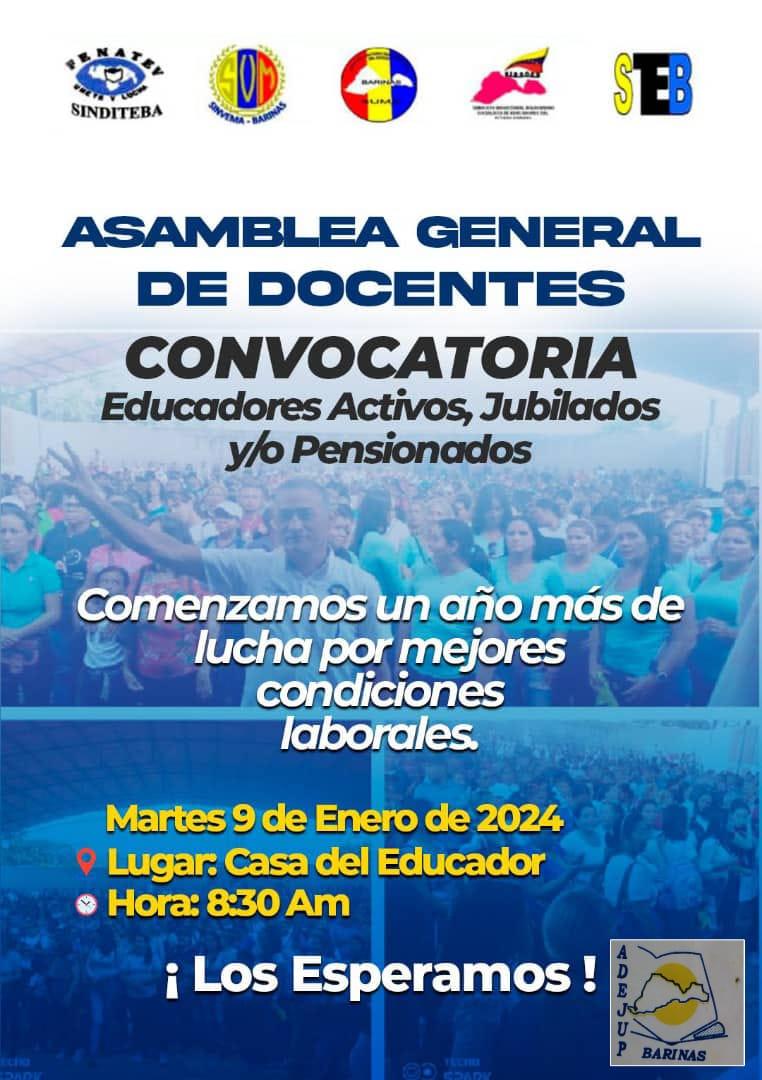 Cumpliendo un año de lucha, con el reclamo en la calle nuestras merecidas reivindicaciones, convocamos a todo el magisterio Barinés a una gran Asamblea, en dónde decidiremos la nueva fase de las acciones Sindicales, por tanto tu asistencia es indispensable. ¡TE ESPERAMOS!