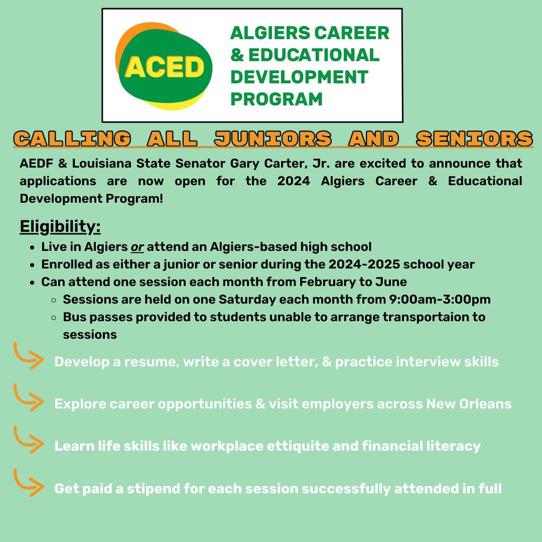 AlgiersEconomic's tweet photo. Apply now for AEDF's career readiness program! High school juniors and seniors living in Algiers or attending Algiers-based high schools are eligible. Stipends are provided for each session you complete! Deadline is Feb 5th. Apply using the link below. 

https://t.co/ZqaR8WIDsC https://t.co/Recgi4RZjC