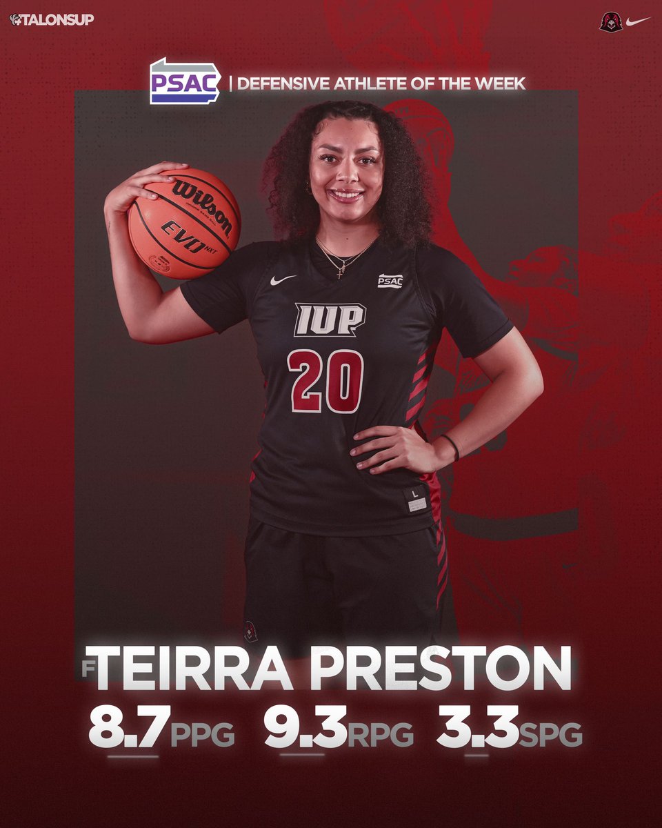 IUP_WBB's tweet photo. Putting together a big three-game stretch, Teirra Preston is the PSAC West Defensive Athlete of the Week! 

Story: https://t.co/Rf9sOgqYdG https://t.co/agIgFfWQHX