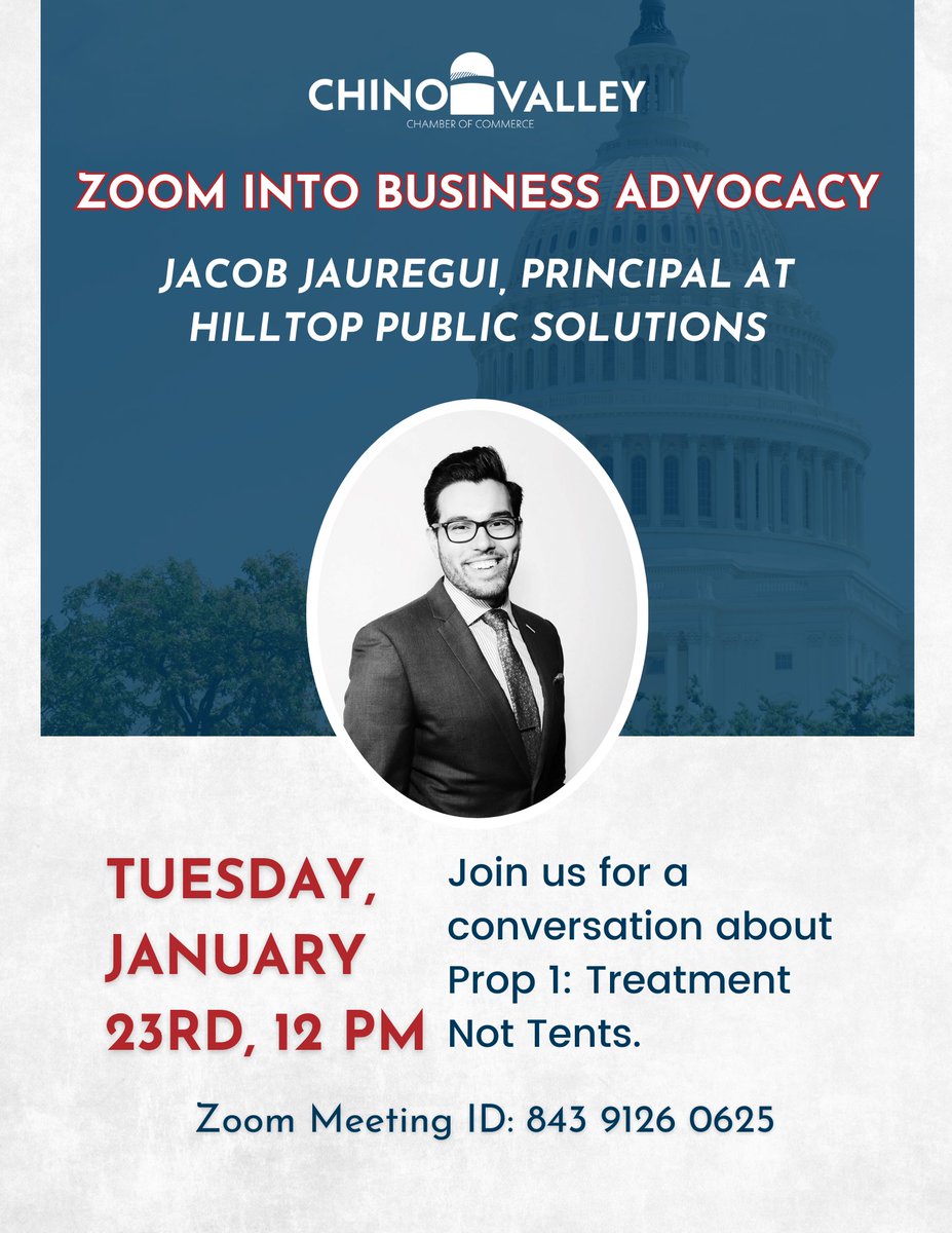 Join us on January 23rd for our second Zoom into Business Advocacy where Jacob Jauregui will be educating us about Prop 1. 🧠 🩺

Learn more by registering here: tinyurl.com/zoomintoadvo01…

#cvcc #chinovalleychamber #politicaladvocacy #legislativeaction