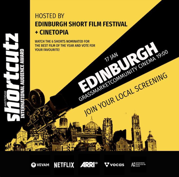🎥 Next in line for our Shortcutz Amsterdam International Award tour is: EDINBURGH! In partnership with Edinburgh Short Film Festival and Cinetopia we are screening our 6 nominated films in Grassmarket Community Cinema on the 17th of January at 19:00.🎟️